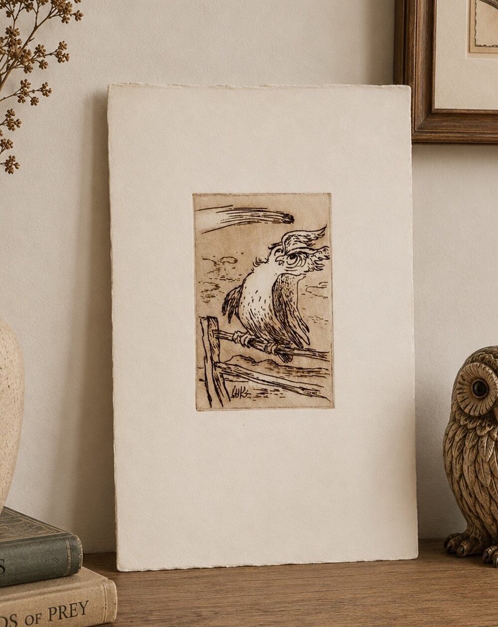 William A. Kolliker Hand-Colored Embossed Etching Owl on Fence Art Print